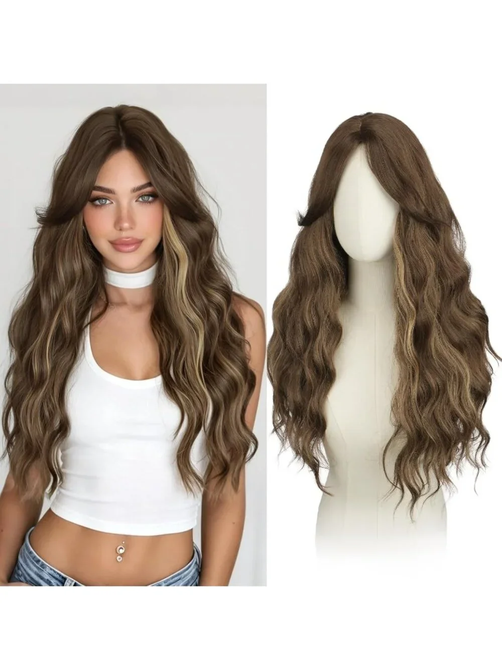 Women's Brown Mixed Blonde 26 Inch Heat Resistant Curtain Bangs Long Wavy Wigs